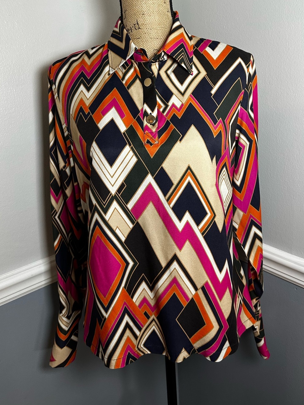 Vilagallo Retro Geometric Popover Blouse Pink Orange Size 38 / US 4